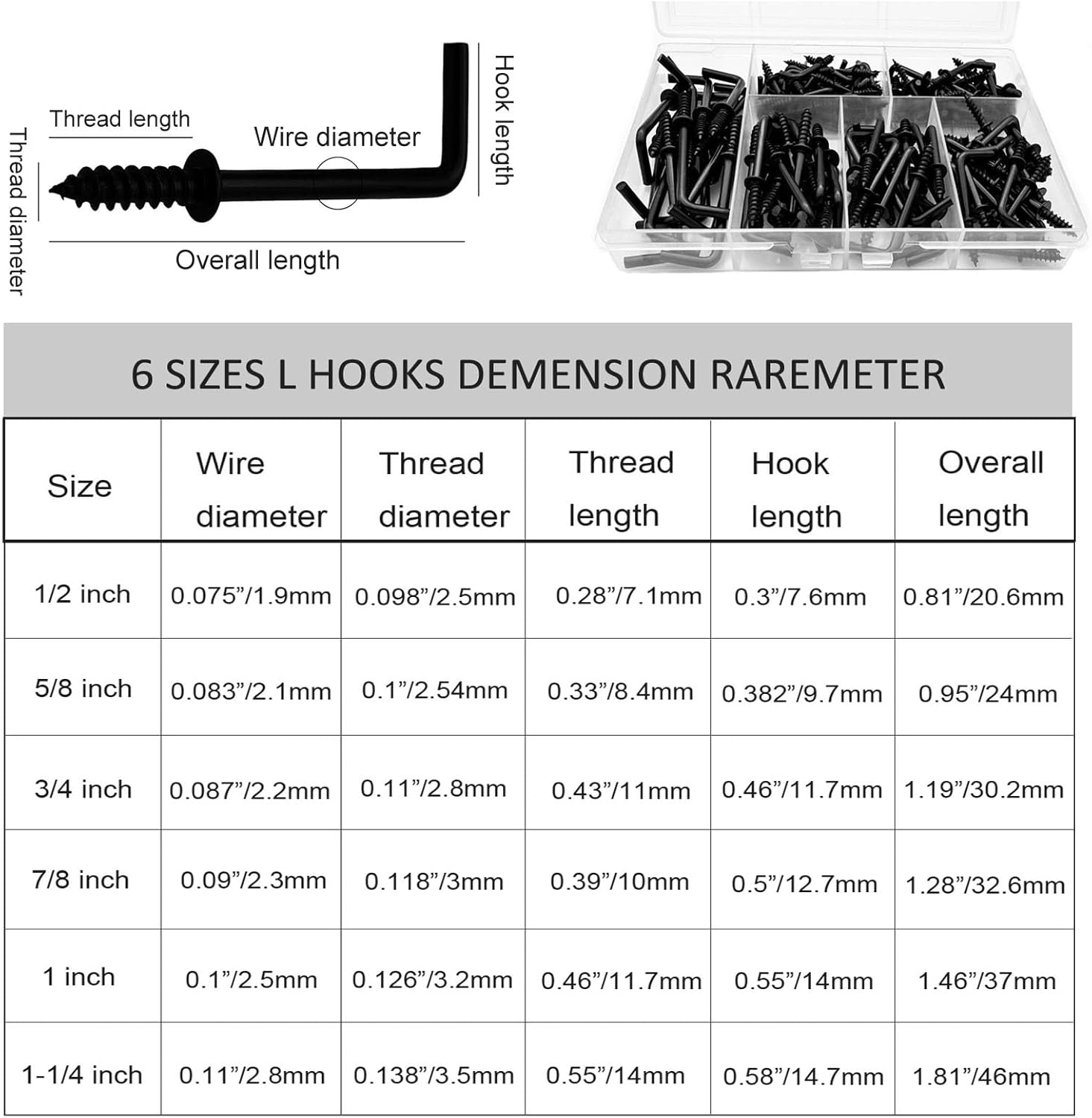 150 PCS 7 Shaped Right Angle Screw Hooks Sets,Black 6 Sizes Screw in L Shaped Hooks for Hanging Lamp,Plants,Decorations,kitchenware and DIY Crafts,(1/2",5/8",3/4",7/8",1",1-1/4")