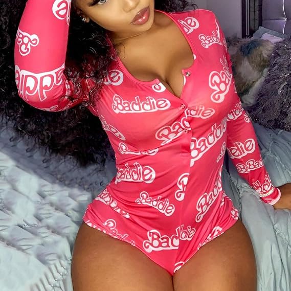 Sexy Women Deep V Neck One Piece Pajamas Romper Shorts Funny Print Bodycon Jumpsuit Button Down Pjs Overalls