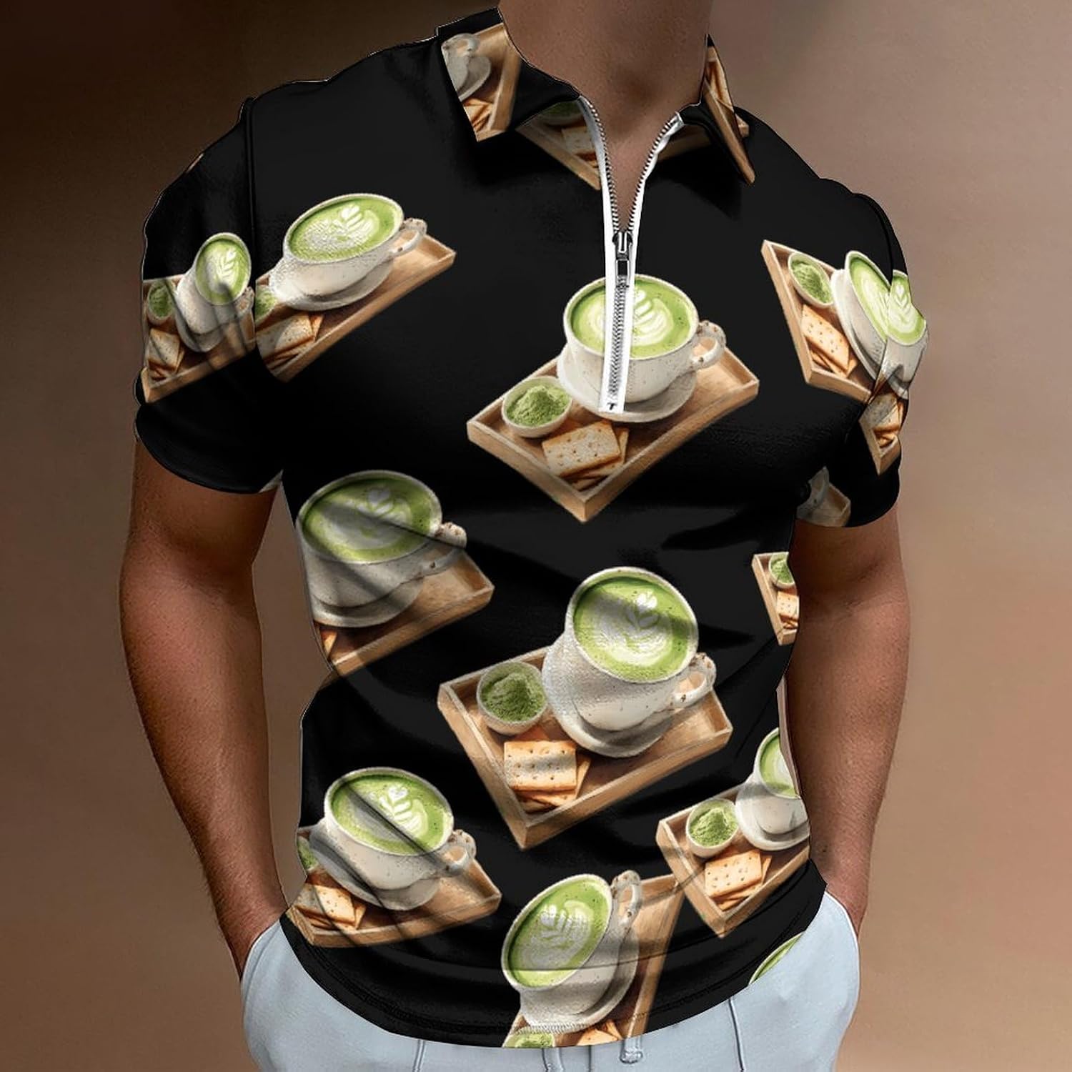 Matcha Latte Polo Shirts for Men Short Sleeve Athletic Golf Tees Tops | Casual Summer Zippered V Neck Mens T-shirts Sports Quick Dry Tennis