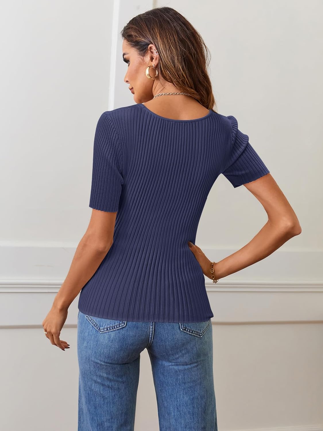 MEROKEETY Women's Summer Ribbed T Shirts 2026 Square Neck Short Sleeve Slim Fit Knit Tee Tops Dressy Casual Trendy Clothes - Image 3