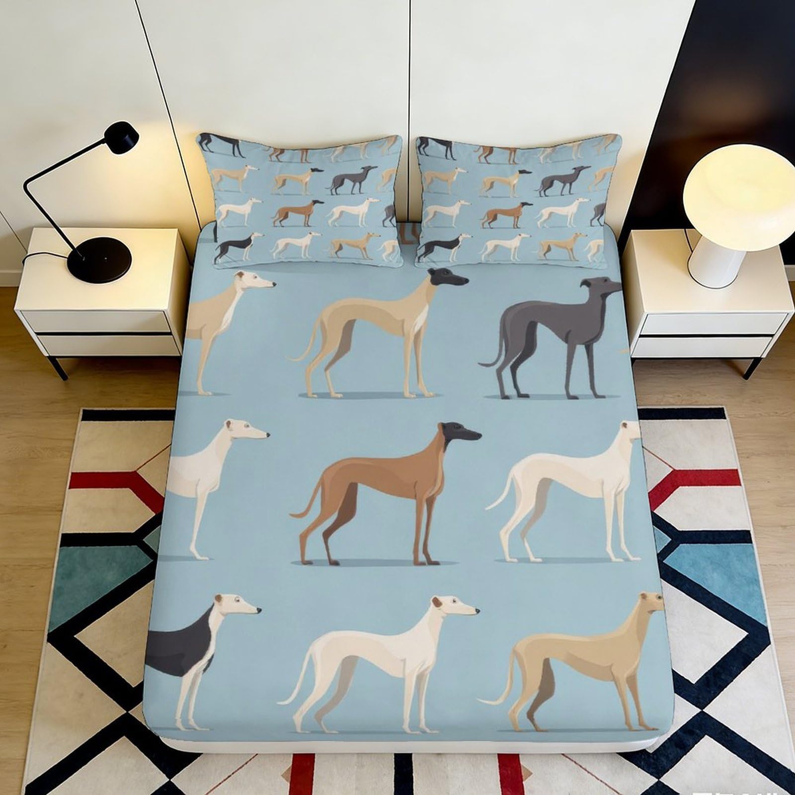 3D Printed Greyhound Dog Pattern Fitted Sheet Microfiber Soft Mattress Cover for Bedroom Guest Room Decor 90x200x25cm