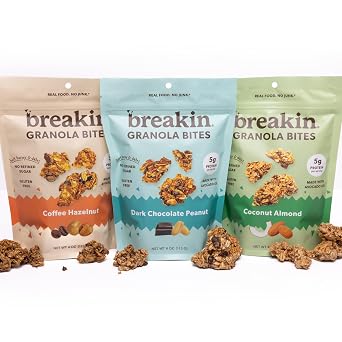 Breakin Protein & Fiber Granola Bites Variety Pack, 3 Pack, 4oz Each No Refined Sugar, Gluten Free, Dairy Free, Seed Oil Free. Healthy Snack for Adults & Kids On-the-Go 3 Pack, Variety Pack
