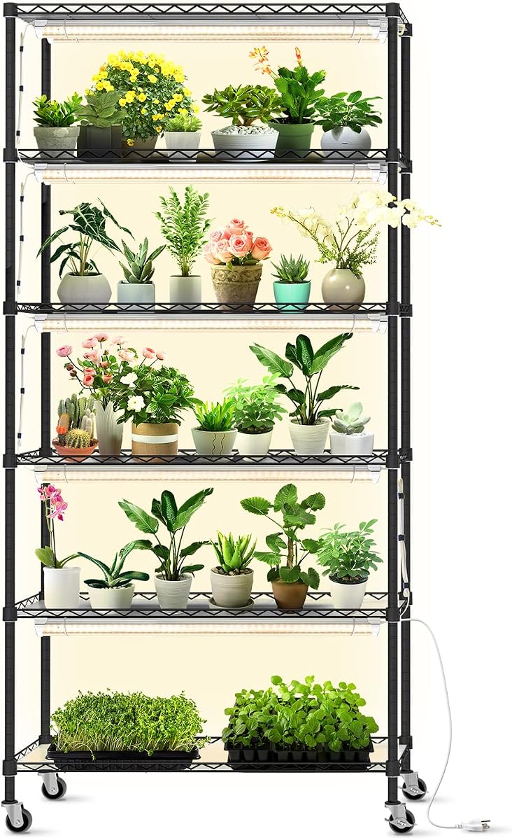 DIY Plant Shelf with Grow Light, Adjustable, 29.5x13.8x70.9in | DIY Grow Light Shelf, Indoor Plant Stand, 8-Pack Full Spectrum Plant Lights, 192W Total, Ideal for Seed Starting