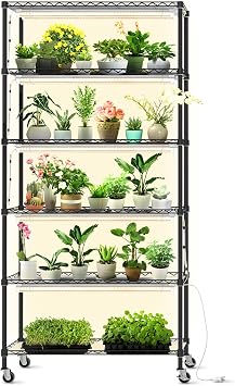 Bstrip DIY Plant Shelf with Grow Light, Grow Light Shelf with Adjustable Rack and Wheels, Plant Stand, 8-Pack 192W T8 Full Spectrum Lamps, ideal for Seed Starting, Seed Tray, 29.5"L x 13.8"W x70.9"H