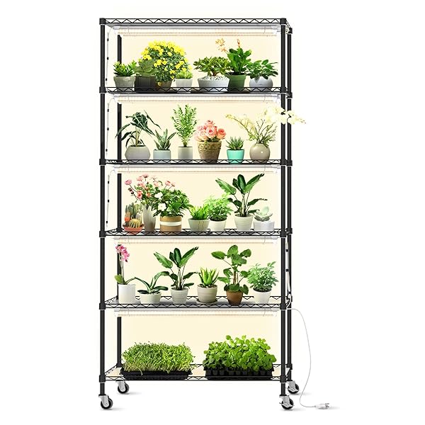 Bstrip DIY Plant Shelf with Grow Light, Grow Light Shelf with Adjustable Rack and Wheels, Plant Stand, 8-Pack 192W T8 Full Spectrum Lamps, ideal for Seed Starting, Seed Tray, 29.5"L x 13.8"W x70.9"H