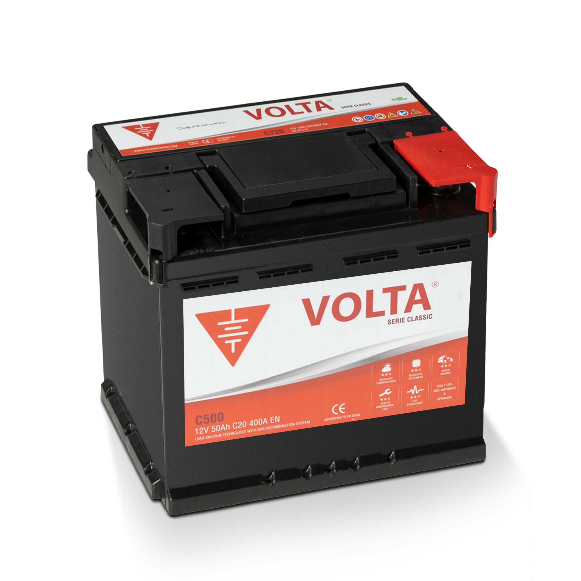 Bateria de Coche 50Ah 400A - Volta Classic C500D - Borne +Dcha - Medidas Largo 207 x Ancho 175 x Alto 190 mm con 2 años de Garantía - Fabricación Europea.