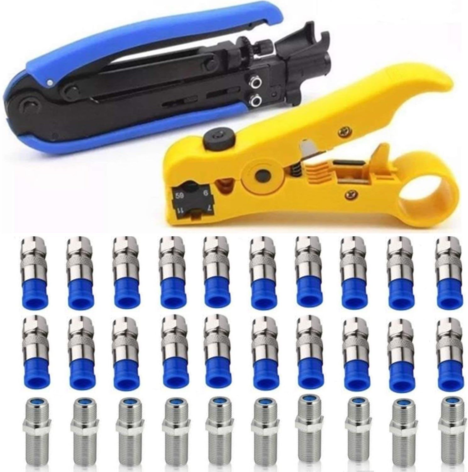 Gaobige Coaxial Compression Tool Coax Cable Crimper Kit Adjustable rg6 rg59 rg11 75-5 75-7 Coaxial Cable Stripper with 20pcs F Male And 10pcs Female to Female rg6 Connectors