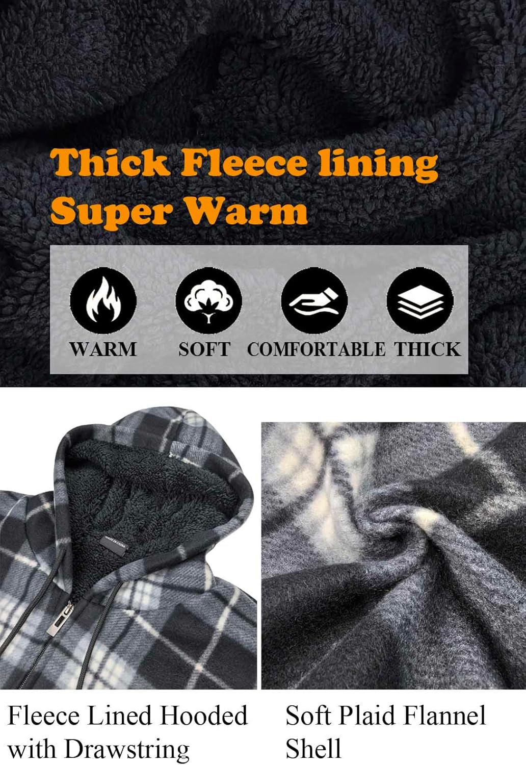 Heavyweight Hoodies for Men Zip Up Sweatshirts Plaid Flannel Sherpa Fleece Lined Winter Jacket Warm Coat - Image 4