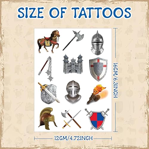 Miniatura 3 de 288 tatuajes temporales medievales de castillo de caballero, corona, castillos medievales, suministros de decoración para niños y adultos, disfraz