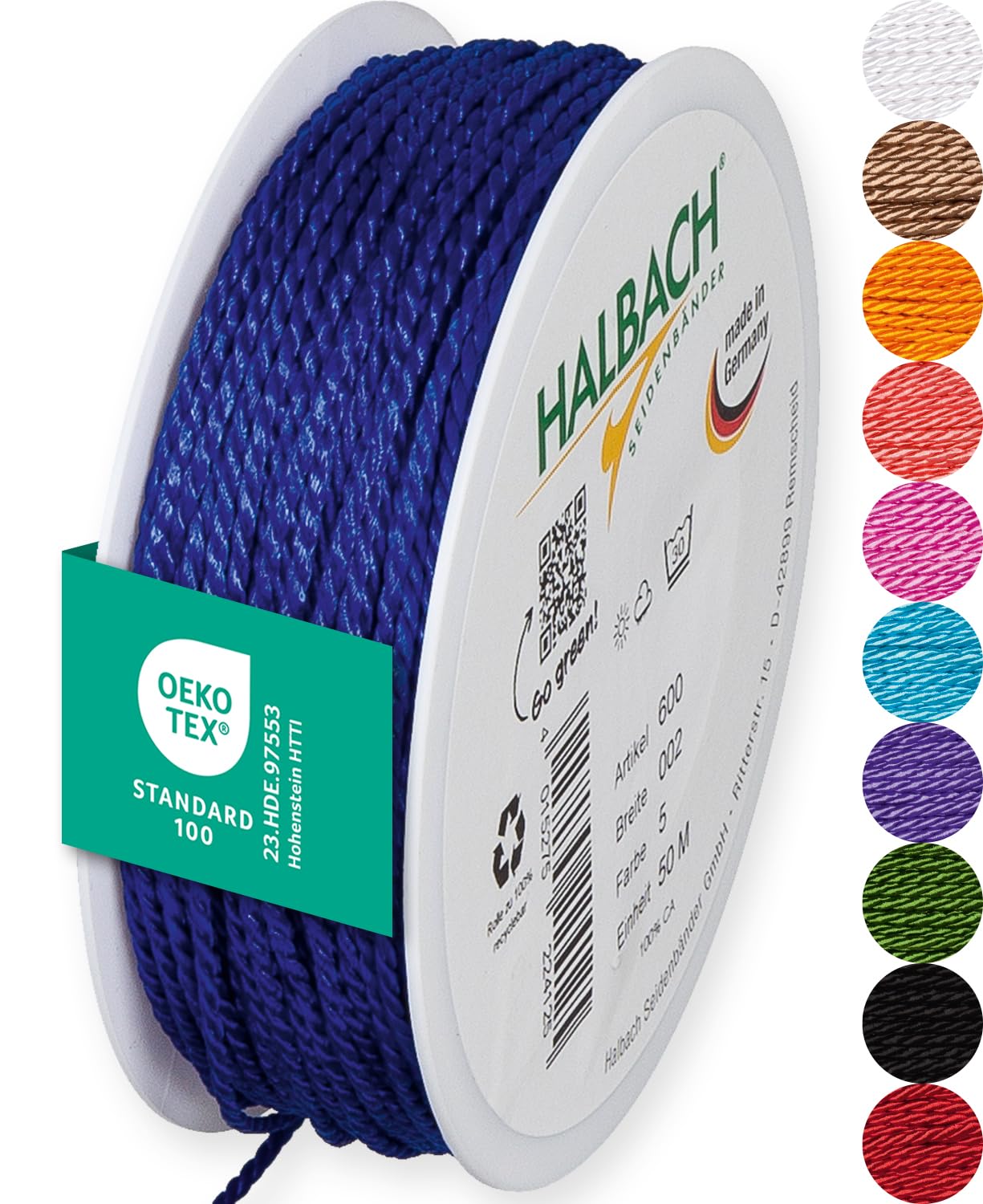 Halbach Seidenbänder Premium Kordel (blau) | Breite 2mm Länge 50m | Made in Germany & Öko-Tex Zertifiziert | glänzende Satinkordel aus Acetat