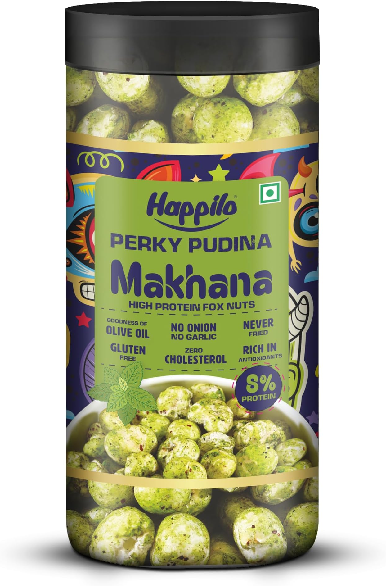 Happilo Premium Makhana Perky Pudina Jar 80g | Roasted Foxnuts, Phool Makhana | Healthy Snacks | Low Calorie, Vegan & Crunchy