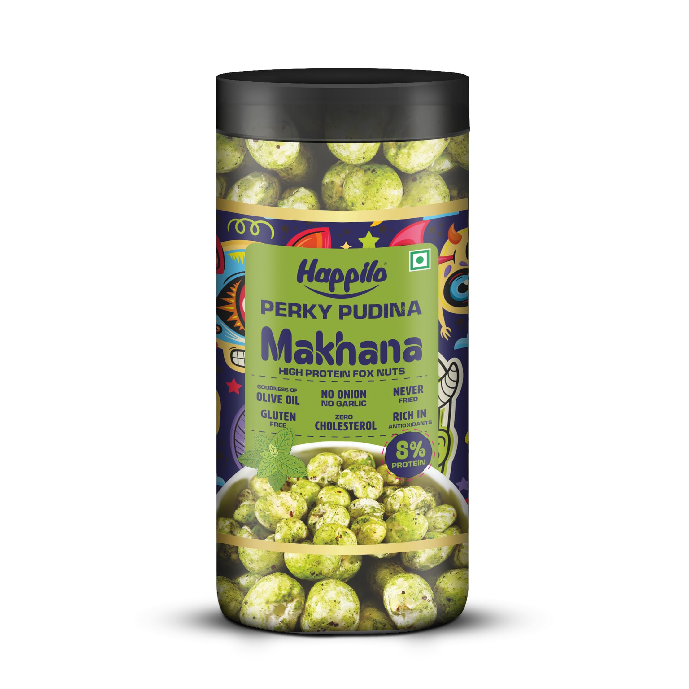 Happilo Makhana Perky Pudina Jar 80g, Roasted Foxnut Healthy Snack Low Calorie Gluten Free and Vegan-image-30