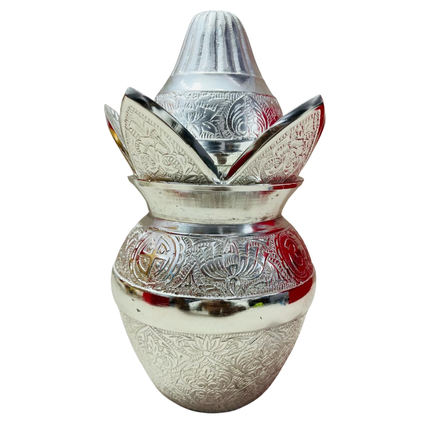 The Healing Store German Gold-Silver Plated Pooja Kalash lota with Coconut, Leaves and Royal Velvet Box Poojan Home, Temple Wedding Gift (Standard Silver)