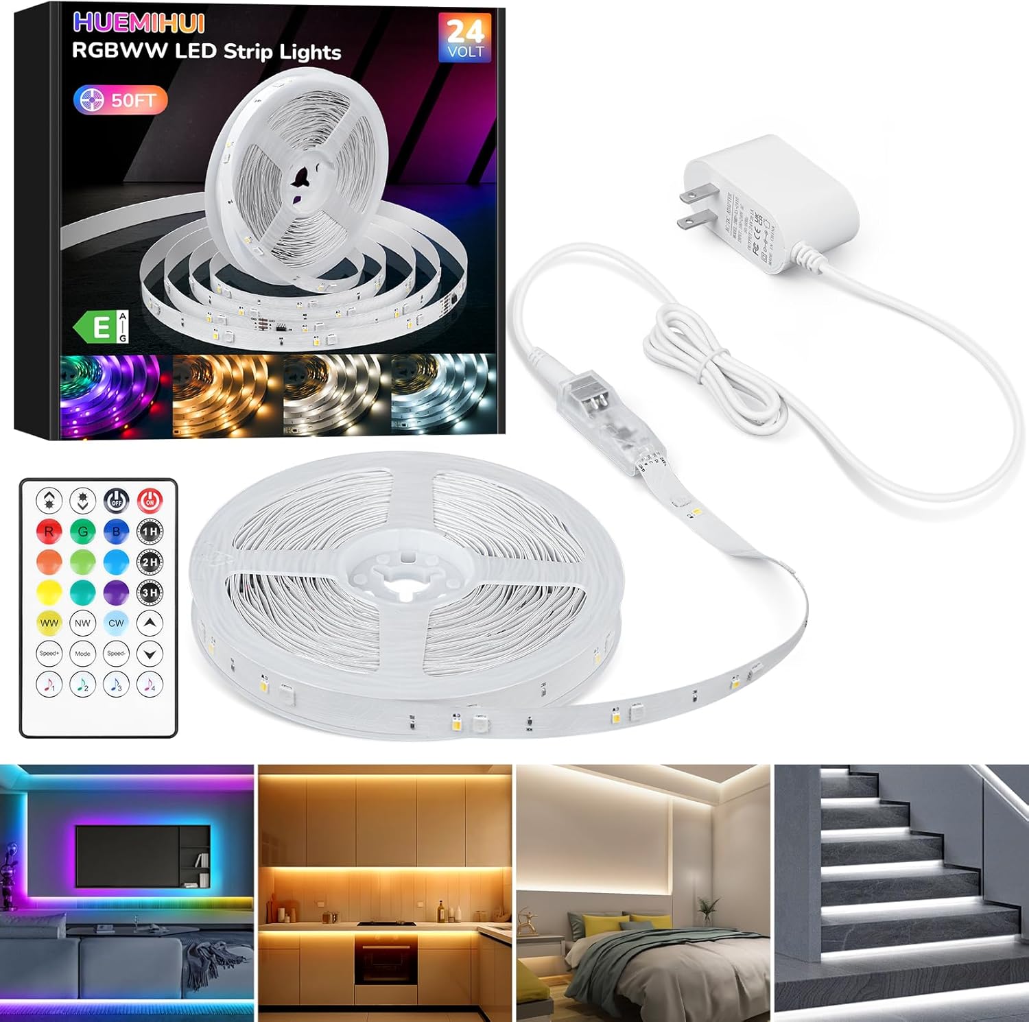 50Ft RGBWW+IC LED Strip Lights,Dimmable Multi-Colored+3000K-6500K LED Lights with Remote,Self-Adhesive Color Changing RGB Tape Lights,24V Cuttable DIY Light Strip for Home Bedroom Stair-50Ft