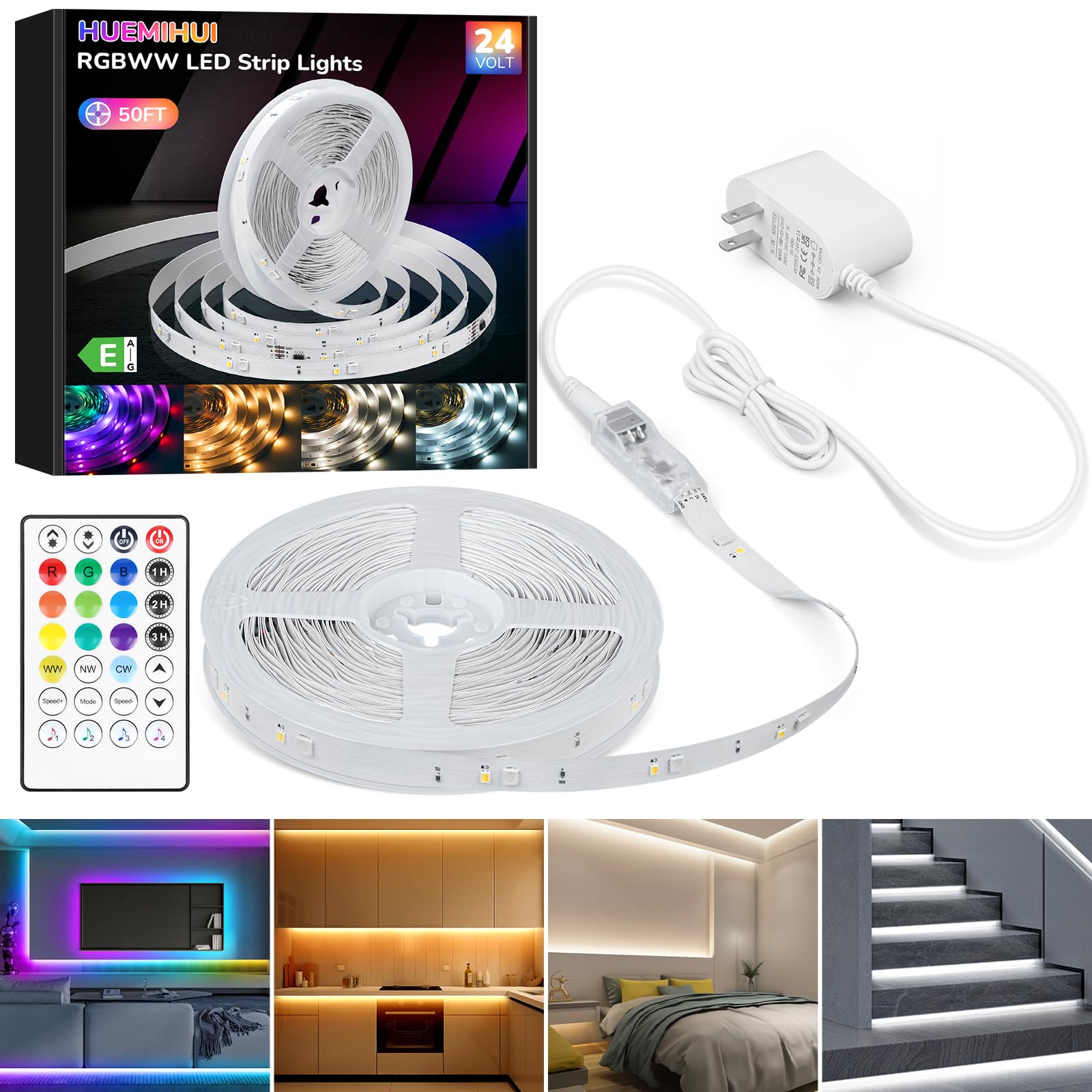 15M RGBWW+IC LED Strip Lights, Multi-Colored+3000K-6500K with Remote