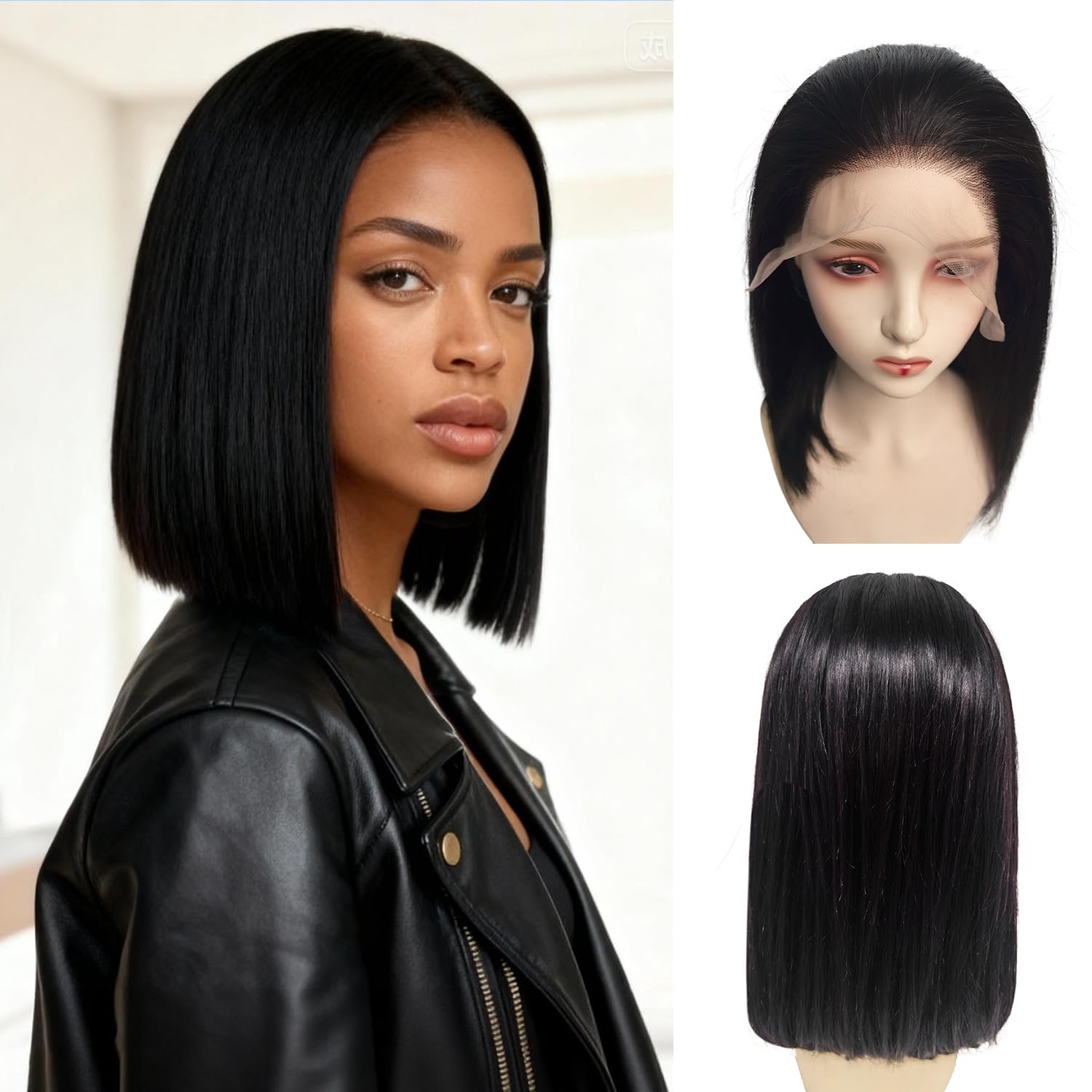 Bob Wig Human Hair 13x4 HD Lace Frontal Short Straight for Black Women 180% Density Pre Plucked Glueless Drawstring Wigs (Black, 12 Inch)