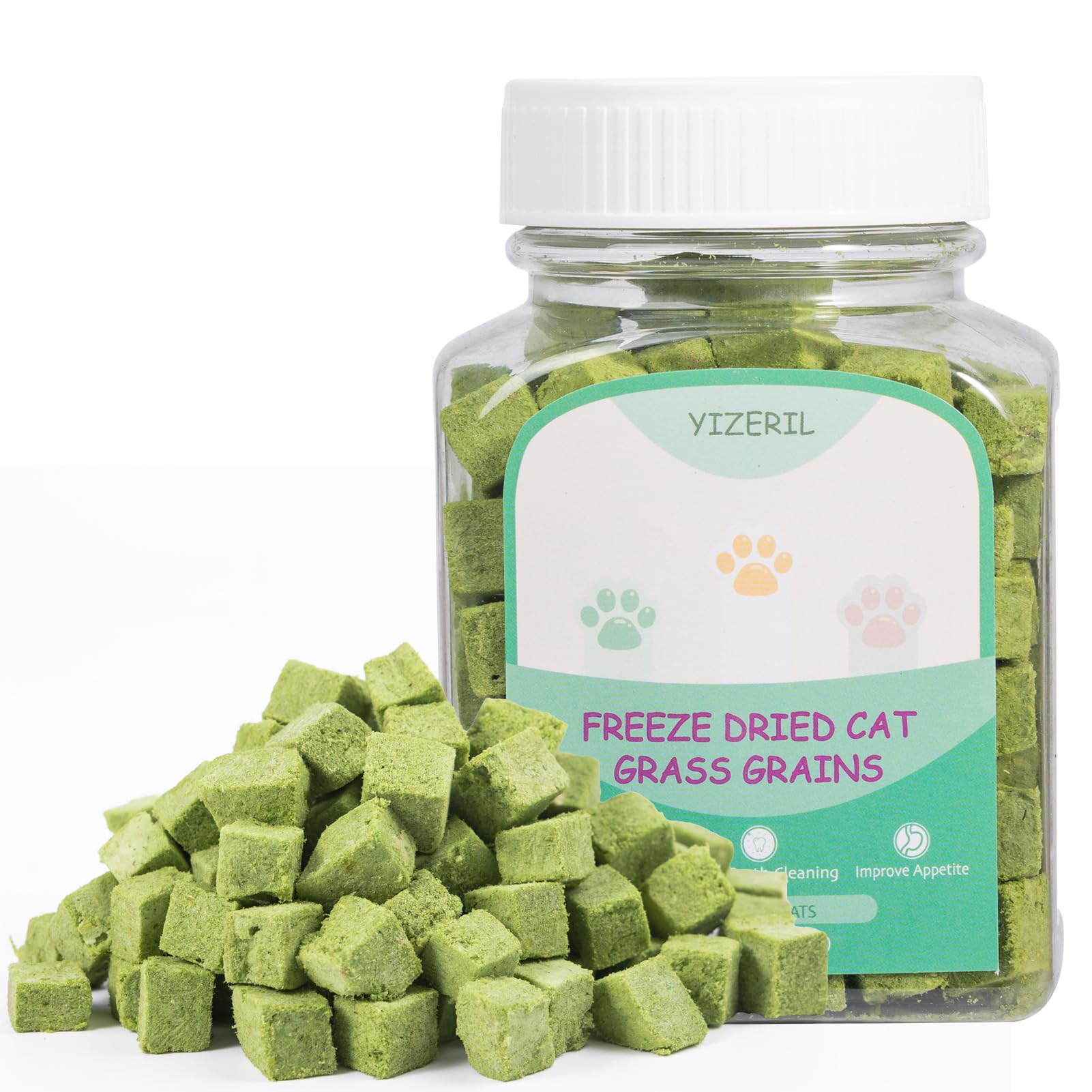 yizeril Freeze-Dried Cat Grass Dental Treats - Natural Teeth Cleaning Chews,Hairball Control,Grain-Free Edible Snacks for Indoor Cats & Kittens (80g)