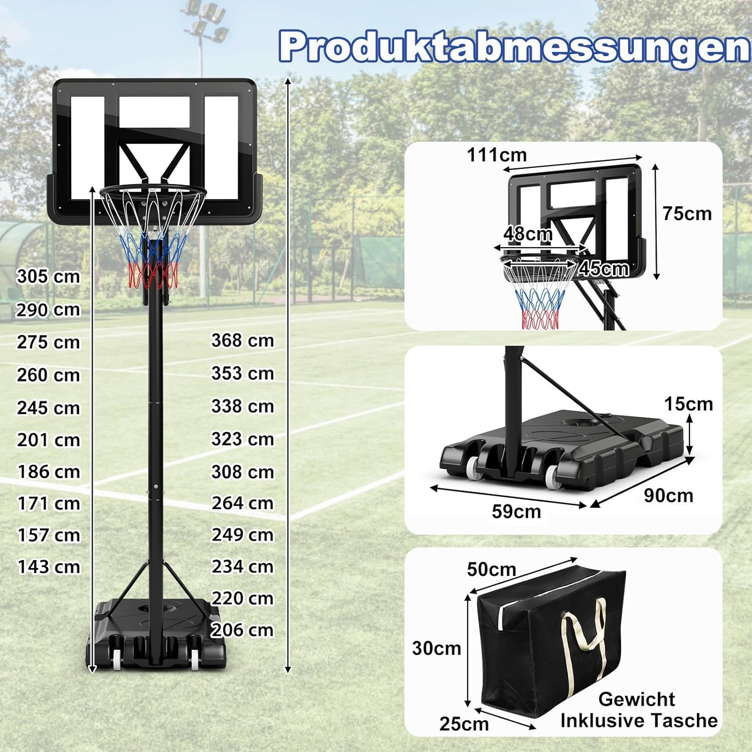 FANTASK Kosz do koszykówki outdoorowy ze stojakiem, stojak do koszykówki 135-305 cm, z regulacją wysokości, kosz do koszykówki z 2 kółkami i workiem obciążeniowym, mobilny kosz do koszykówki