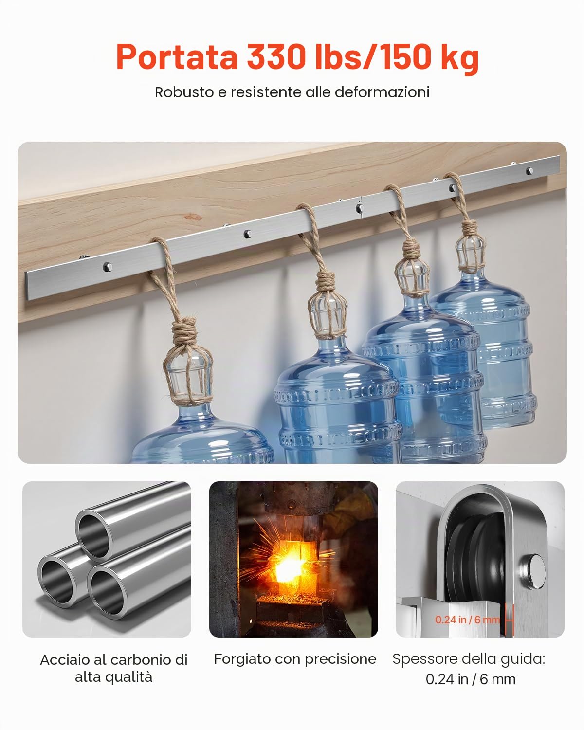VEVOR Kit Ferramenta per Porta Scorrevole da Fienile 1828 mm, Capacità 150 kg, Compatibile con Larghezza 914 mm e Spessore 34,9-44,45 mm, Binario Resistente Rullo a Forma J, Argento