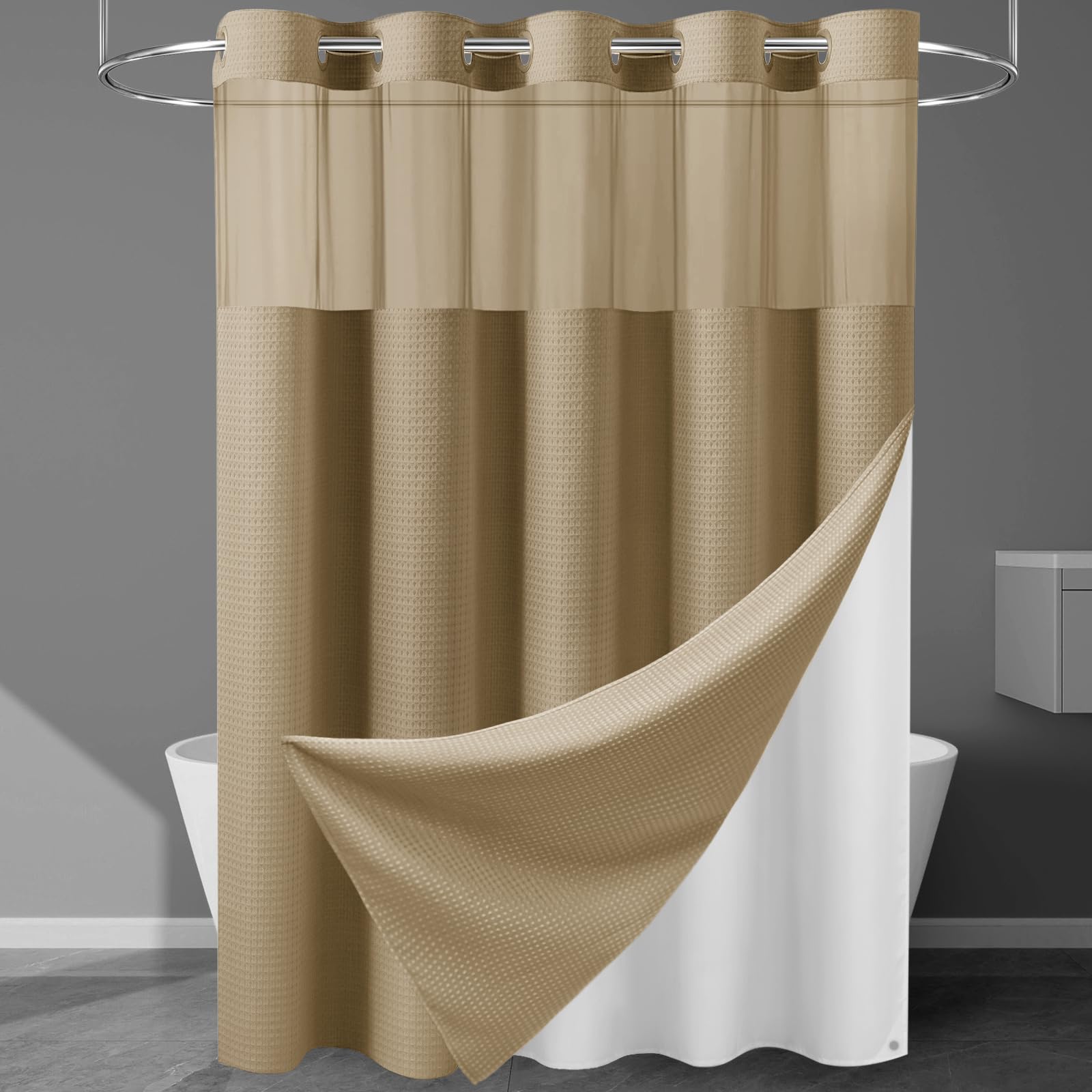 EUTXL Long Rideau de Douche Beige sans Crochet avec Doublure à Clipser, 230 g/m², Tissage gaufré pour Salle de Bain, 180 x 218 cm (l x H)