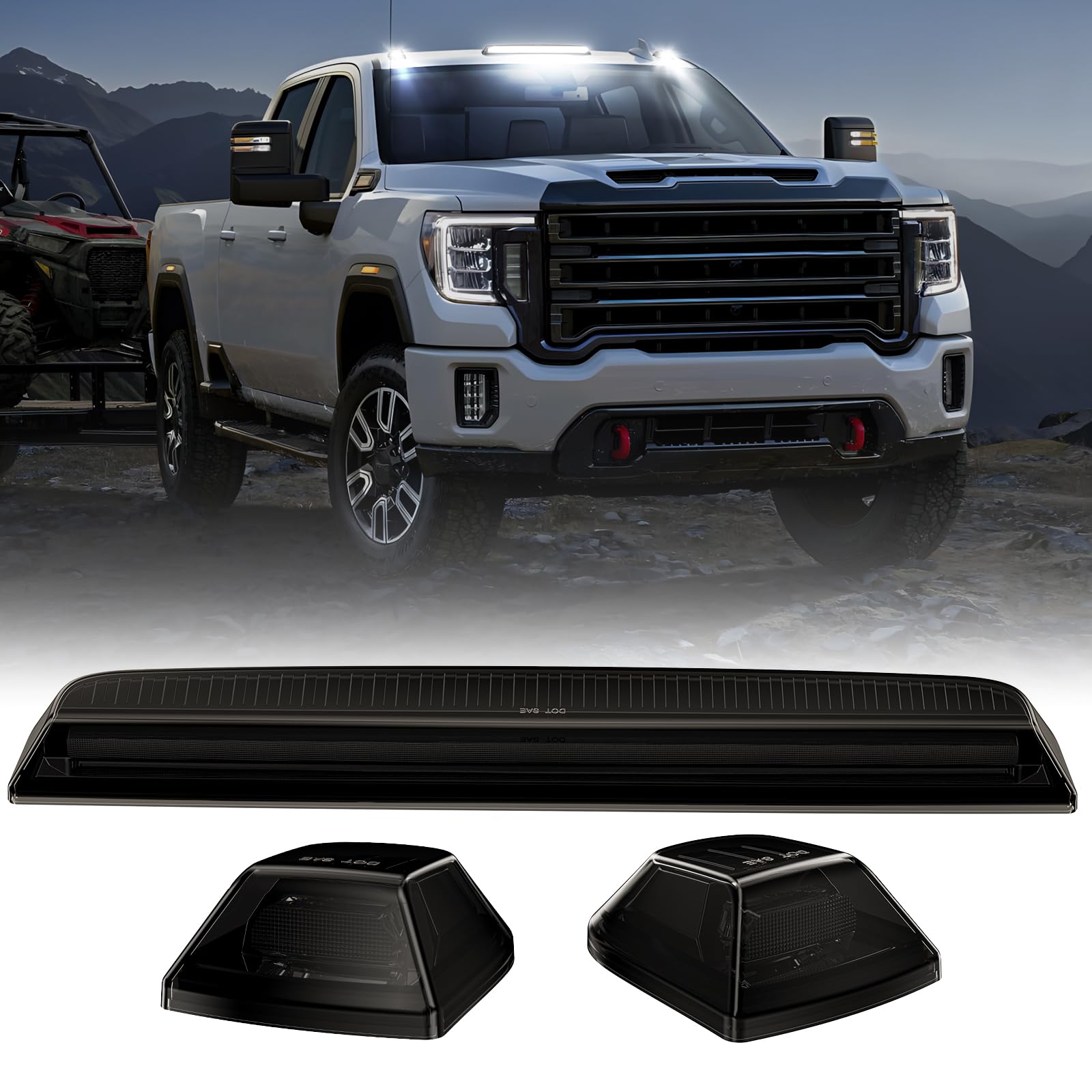 LUDARM LED Cab Roof Light Compatible with Silverado Sierra 2500HD 3500HD 2020-2024 Pickup Truck Cab Clearance lights 3PCS White Light Smoke Lens