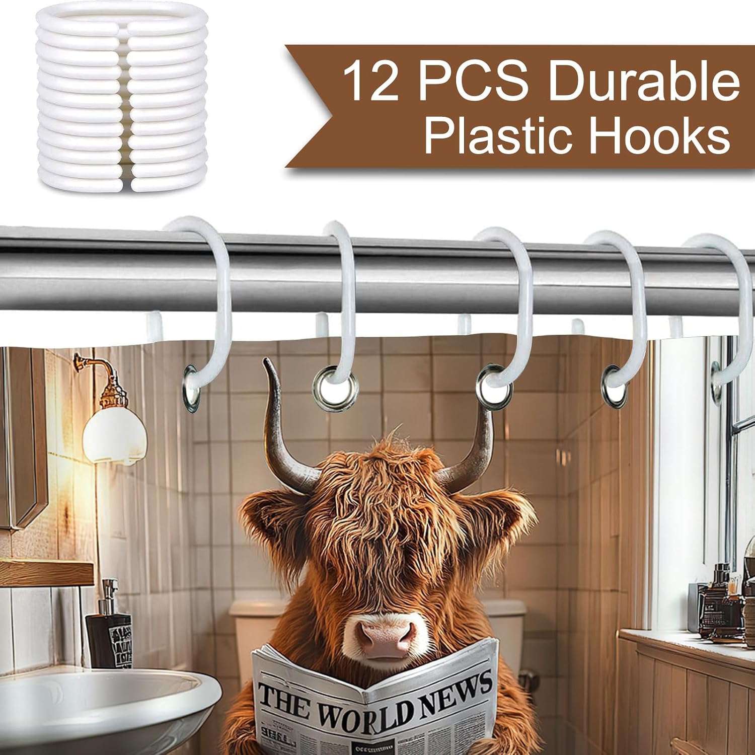 Mocsicka Funny Highland Cow Shower Curtain Highland Cow Sitting on The Toilet Bathroom Shower Curtain Funny Highland Cattle Waterproof Fabric Shower Curtains Bathtub Decor with 12 Hooks 72 X 72 Inch image 5