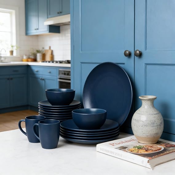 16-Pieces Stoneware Dinnerware Set, Dinner Set, Kitchen Dinnerware Ceramic Crockery Set, Dinner Service Set for 4, Include Dinner Plate, Dessert Plate, Cereal Bowl and Mug. (Navy Blue)