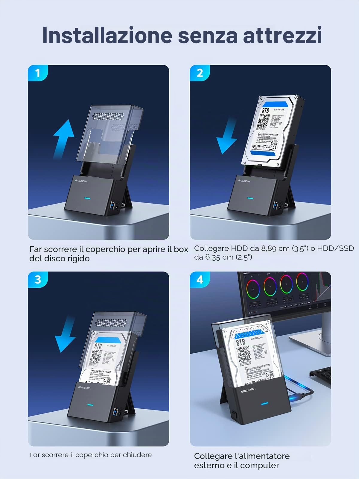 GRAUGEAR | Docking station per disco rigido SATA da 3,5 pollici, 2,5 pollici, alloggiamento per hard disk | USB 3.0 | USAP | Adattatore USB-C con | G-3502-AC