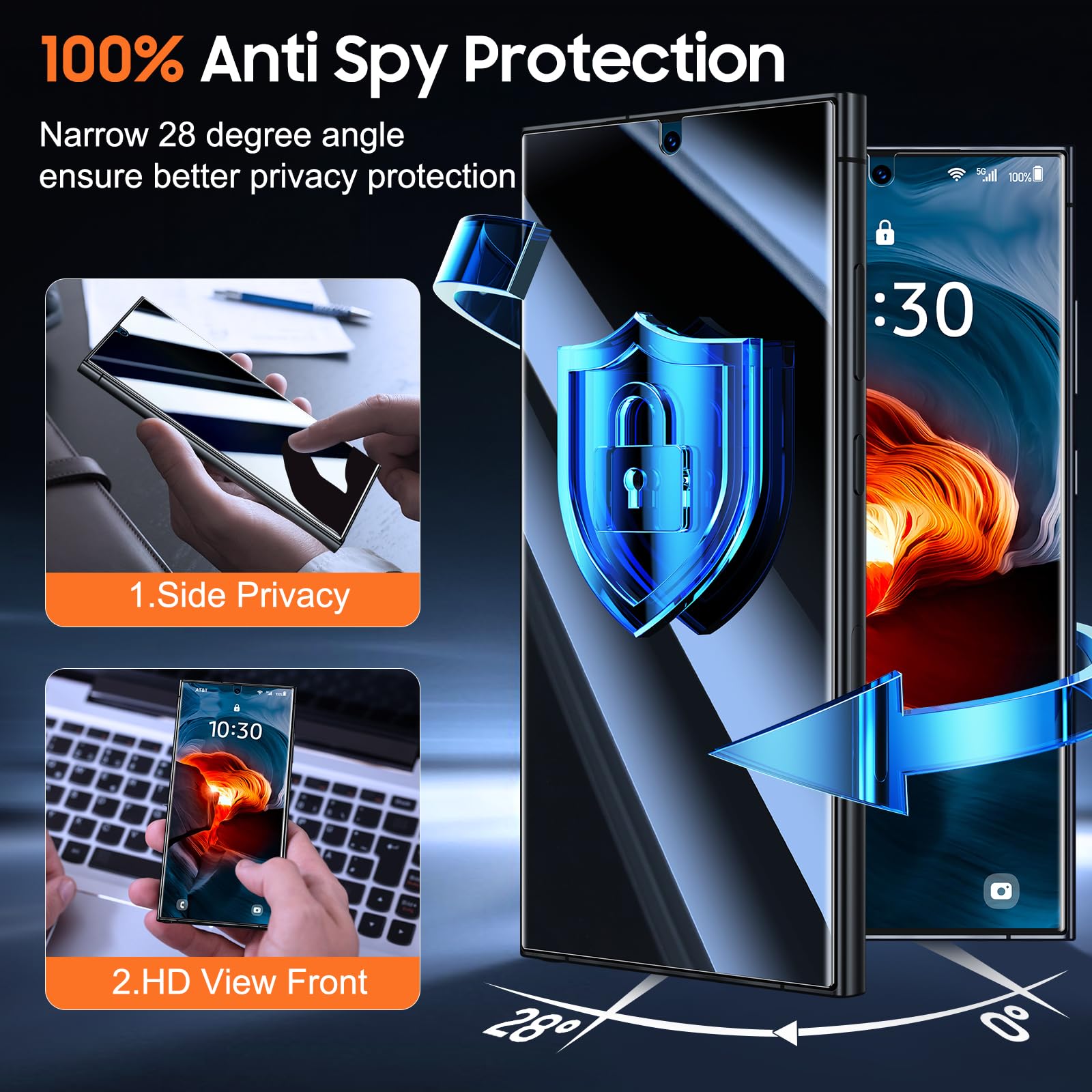 UniqueMe [2 Pack for Samsung Galaxy S24 Ultra Privacy Screen Protector - [Auto Dust-Remove] Easy Installation, Bubble Free,Anti-Spy,Full Coverage[Not Glass][Support Fingerprint Unlock]