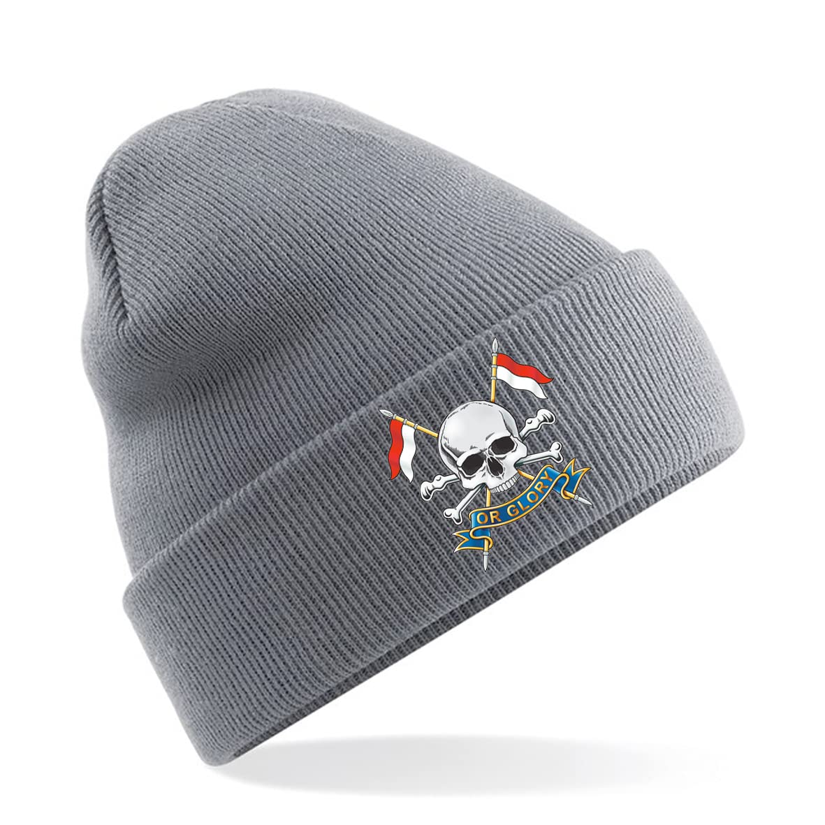 PSave Queen's Royal Lancers Insignia Mens Premium Embroidered Beanie Hat, Bob Hat British Army Military (Grey)