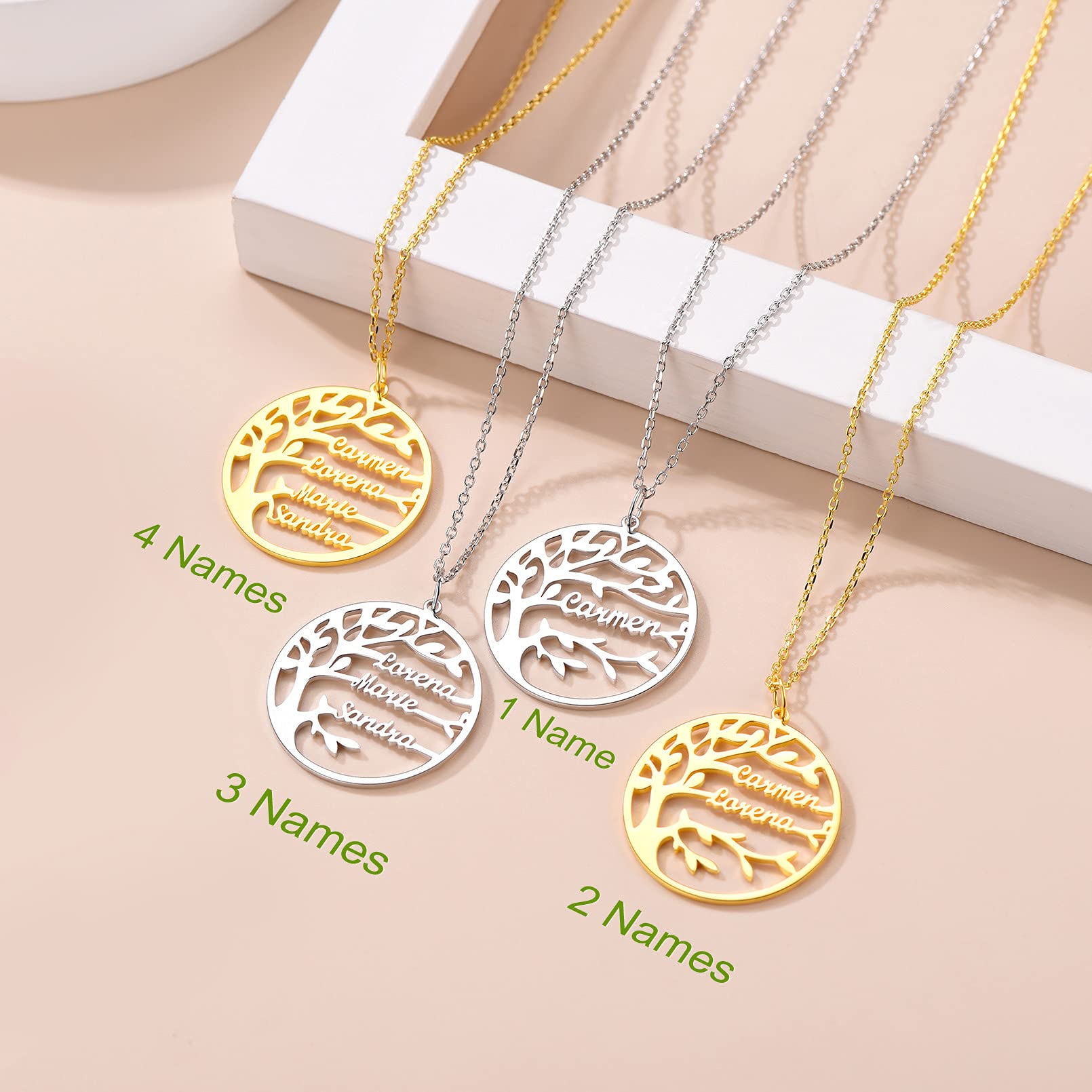 Custom4U Collar Mujer Arbol de Vida con Nombres Personalizados Colgante Redondo/Corazón Acero Inoxidable 316L / Plata de Ley 925 con 1/2/3/4/5/6 /7/8 Nombres Regalo Madre Pareja Familia