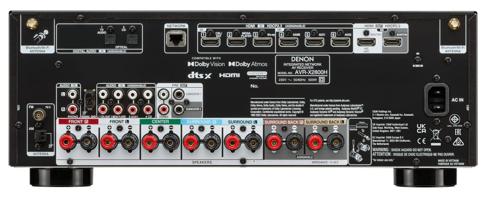 Denon AVR-X2800H 7.2-Kanal AV-Receiver, Dolby Atmos, DTS:X, 6 HDMI Eingänge und 2 Ausgänge, 8K HDMI, HEOS Built-in, Bluetooth, WLAN, AirPlay 2, Alexa kompatibel - Schwarz