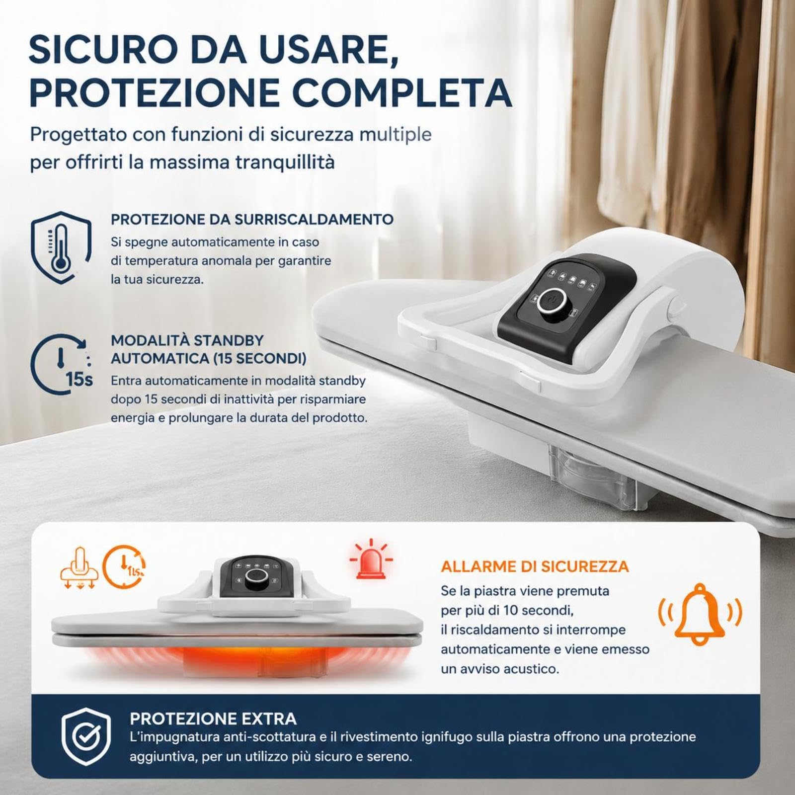 Pressa a vapore professionale, 2200 W, macchina da stiro intelligente, 91 cm, intervallo di temperatura 90-200 °C, 5 livelli di temperatura, forza autobloccante 8 kg, stiratura super veloce (bianco)