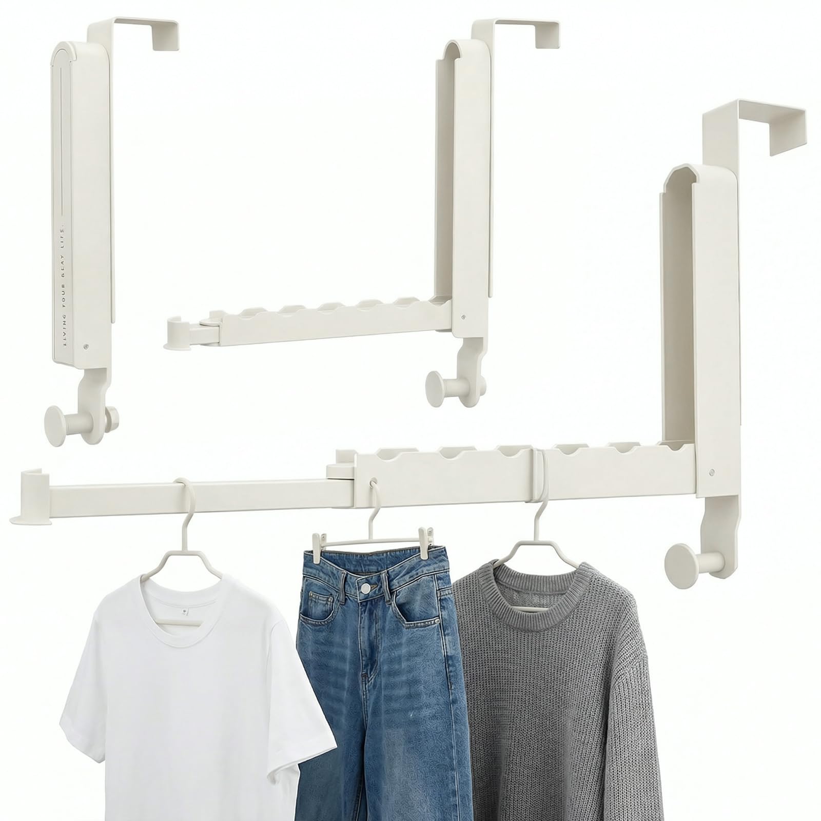 2PCS Clothes Drying Rack Foldable Fit Door up to 4.6cm, Over The Door Hooks Folding Hanging Coat Rack Portable Over Door Clothing Hangers with 6 Groves Retractable Rod for Laundry HomeBathroom (White)