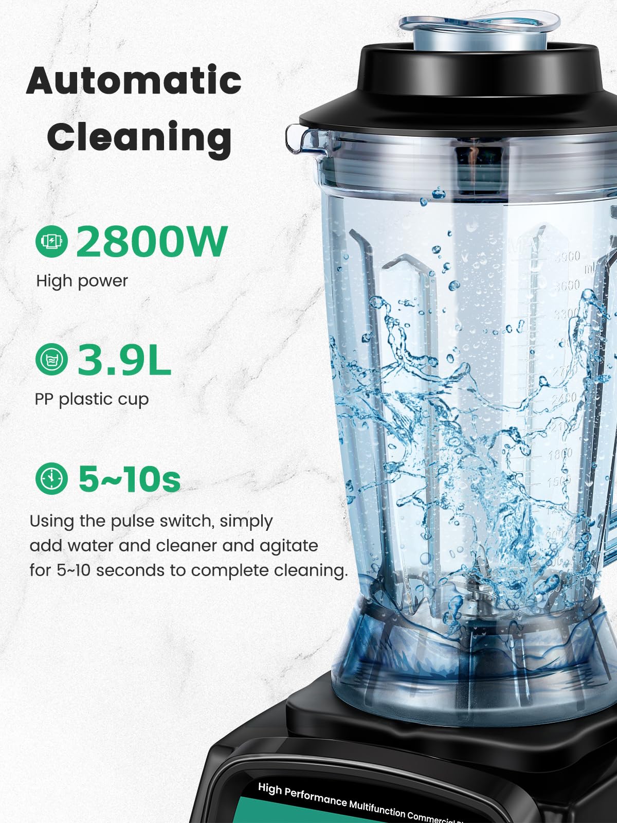 Huanyu Mixeur Smoothie Maker Mixeur haute vitesse de grande capacité 3,9 litres Mélangeur multifonctionnel commercial de 2800W pour piler la glace, le jus, le smoothie, le milkshake et le lait de soja