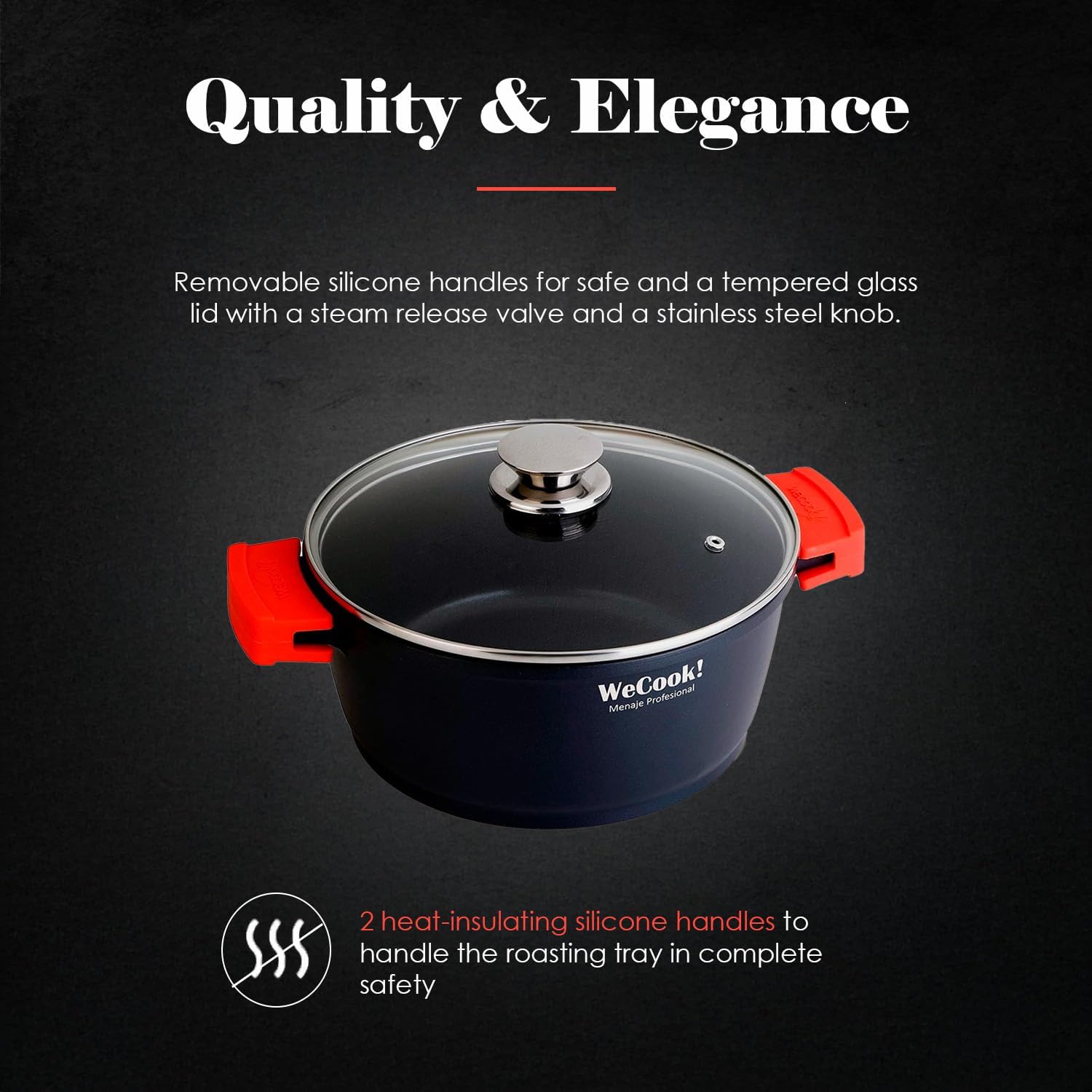 WECOOK! Ecostone 28 cm Deep Induction Saucepan, Non-Stick Glass Lid, XTRA DUPONT Eco-Friendly PFOA Free, Cast Aluminium, Thickness 5 mm, Silicone Handles, Glass, Ceramic, Gas, Oven