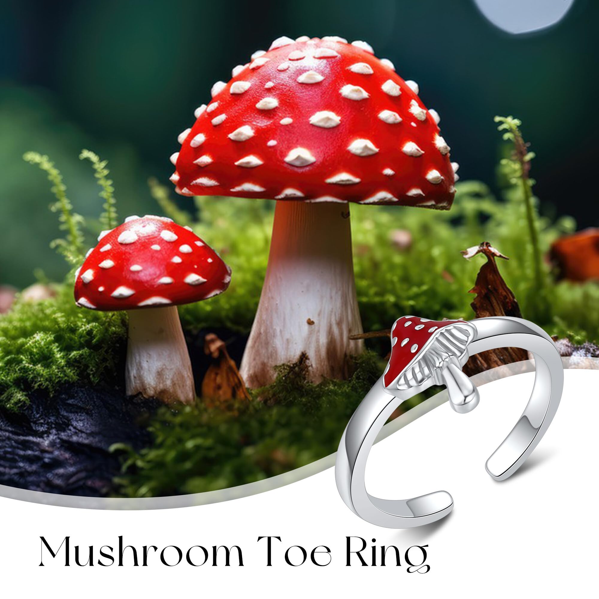 Fungo, anello per dita dei piedi, in argento Sterling con fungo rosso, regolabile, colore rosa, magico, per le donne, Argento sterling, Nessuna pietra preziosa