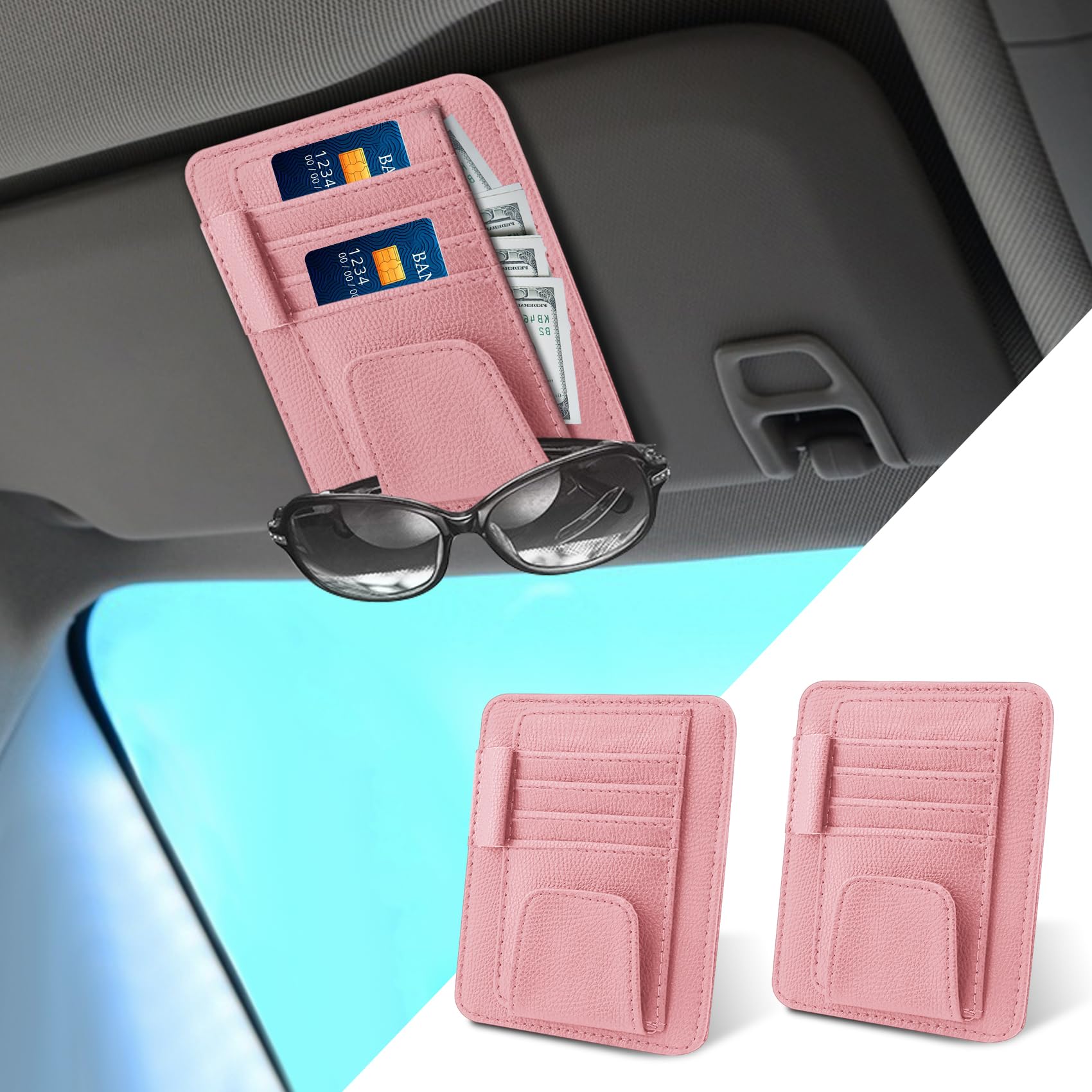 2Pcs Small Leather Car Sun Visor Organizer, Multifunctional Auto Visor Document Holder with Sunglasses Clip, Universal Car Interior Accessories Car Card Sleeve Pocket Organizer for License, Card, Pen