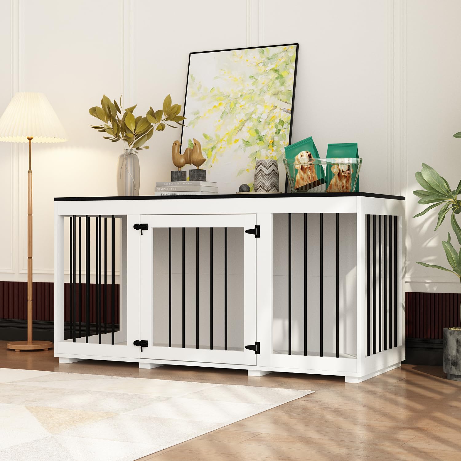 Moderne Hundebox mit 1 Gittertür,Hundehütte aus MDF und Metall,Transportbox für Haustier,atmungsaktiv,Hundehaus für mittelgroße Hunde,Hundekäfig für Innenbereich,Wohnzimmer,136x56x70cm
