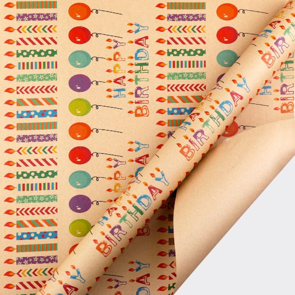 Long Sun Happy Birthday Printed Candle and Balloon Craft Wrapping Paper 6 Pieces Set, 50 x 70 cm Size, Multicolour