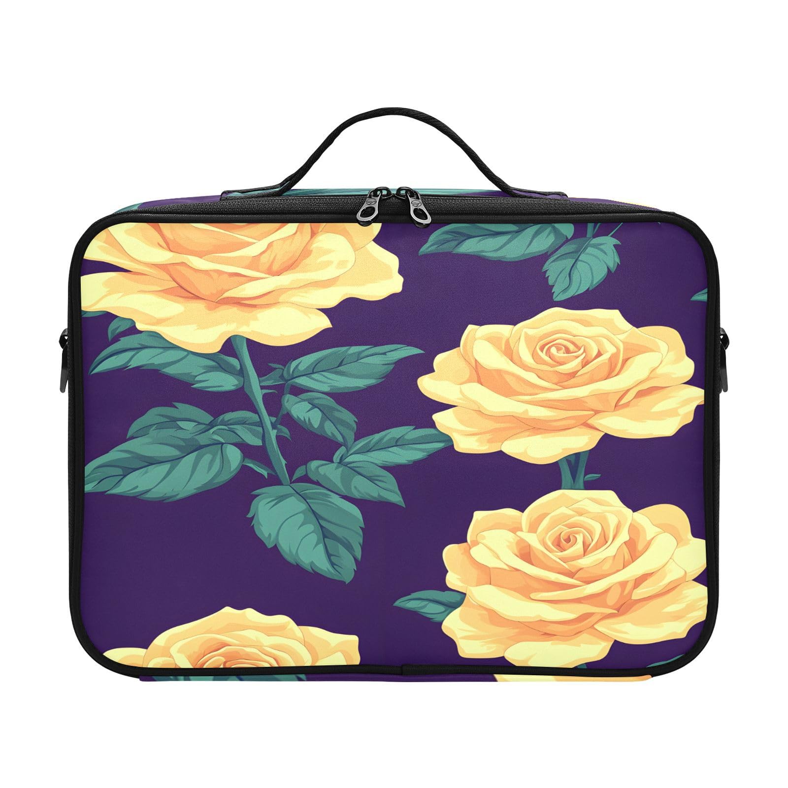 zyrtty Travel Makeup Train Case Yellow Flower Pattern Green Leaves Plants Cosmetic Organizer Portable Storage Bag with Adjustable Dividers for Cosmetics Brushes Toiletry Jewelry Digital Accessories