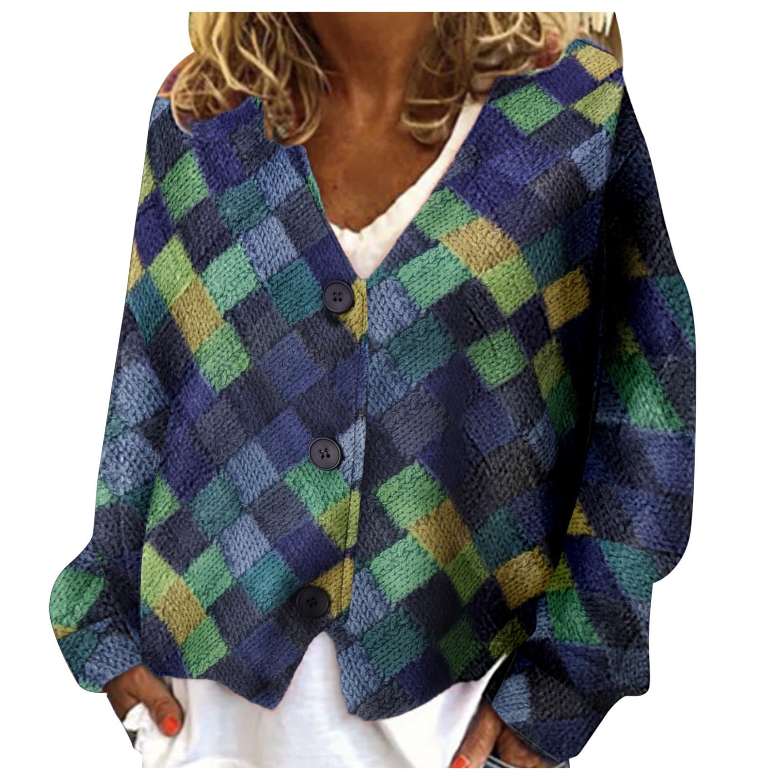 CocilaHot Cardigan for Women Women's Casual Fashion Single Breasted Plaid Printed Long Sleeved Cardigan Loose V Neck Jacket Extra Long Sweaters for Women Coronation Clothing Women