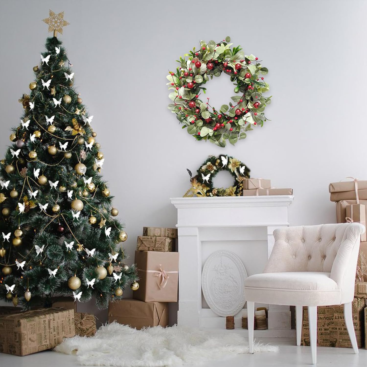 idyllic 22 Inch Artificial Christmas Wreaths for Front Door, Winter Spring Decoration Wreath with Red Berry Lamb Leaves, Evergreen Natural Wreath for Indoor Outdoor Farmhouse Festival Home Decor - Image 5