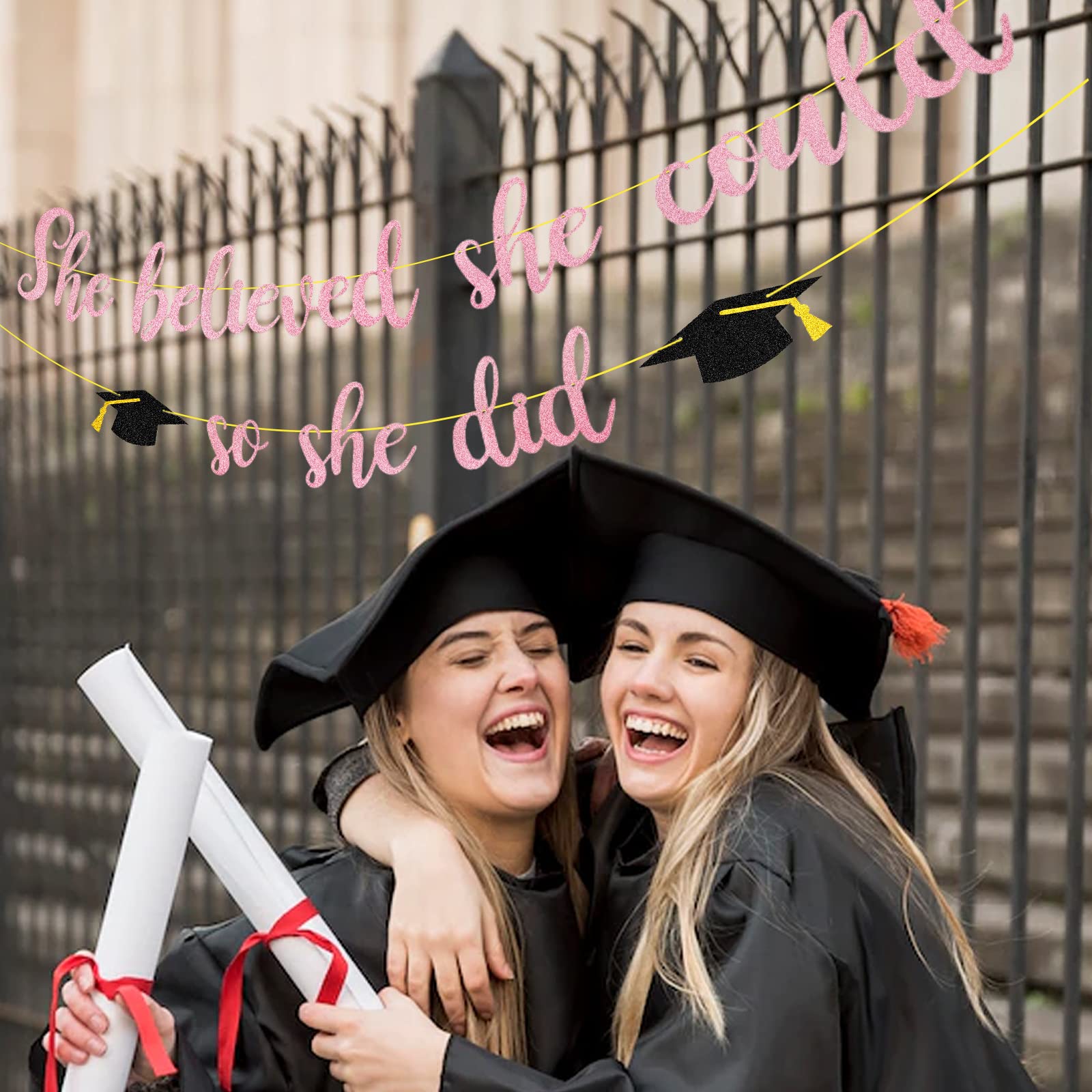 Banner „She Believed She Could So She Did“ – Glitzer-Deko Für Abschlussfeier, Girlande, Pink/Schwarz/Gold