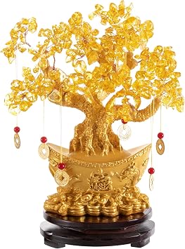 11.02 in Tabletop Ornament,Money Tree Crystal Yellow Lucky Tree Golden Ingot Bottom with Rotating Sandalwood Base Chinese Copper Coin String Decoration