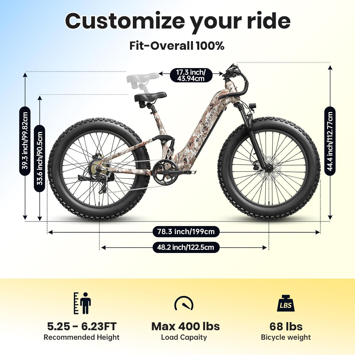 Dimensions of the PUCKIPUPPY Boxer ST Electric Bicycle