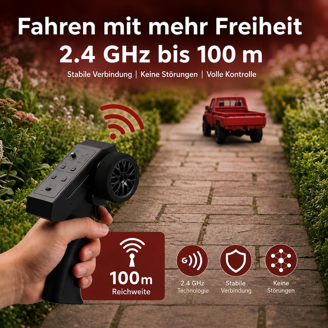 Toyota Land Cruiser | Ferngesteuertes RC Auto 1:12 | 4WD Crawler Pickup | Steuerung 2.4 GHz 100 m | LED Licht | Li-Ion 7.4 V 500 mAh 30 min | RTR Komplettset Offroad (Rot)