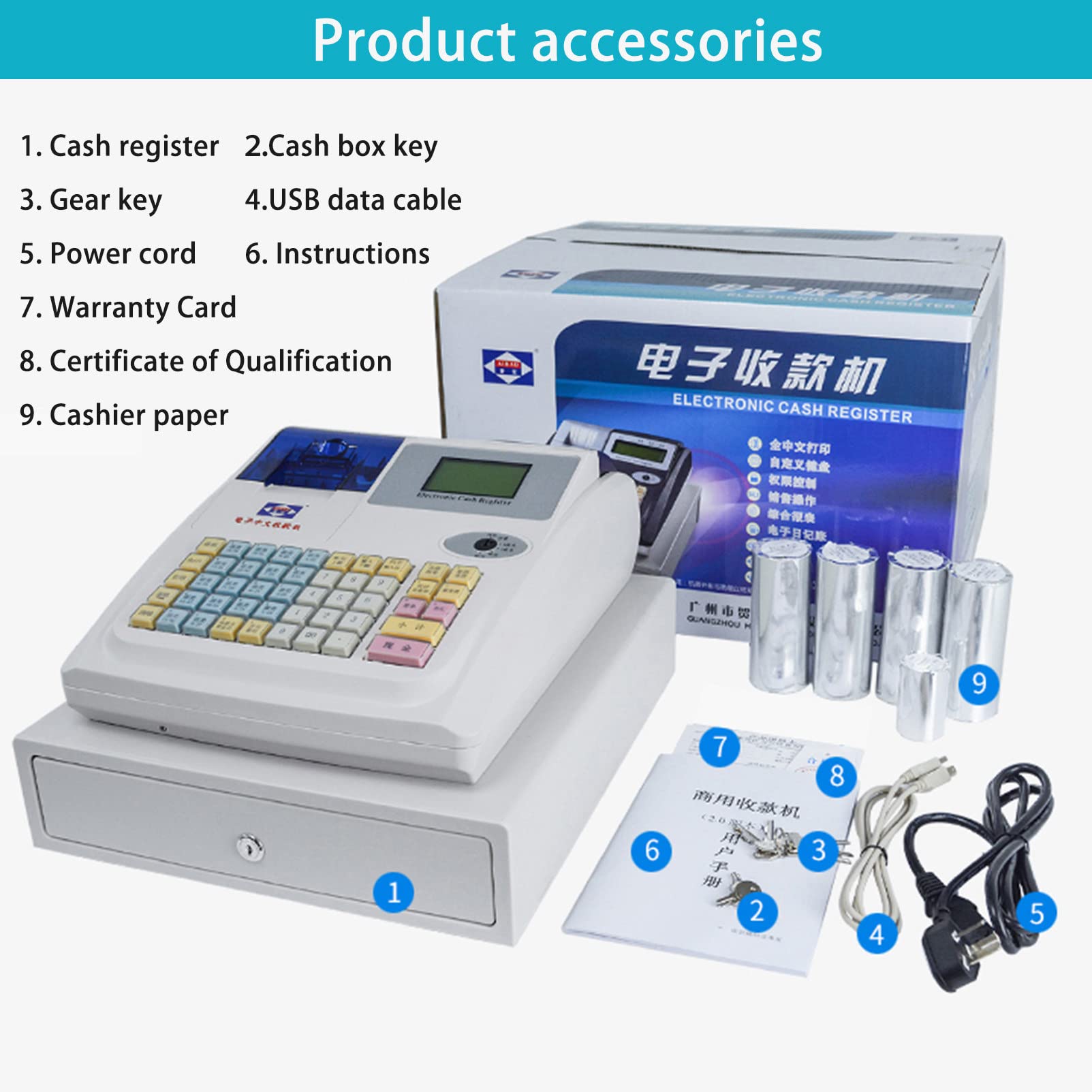 Registrierkasse mit 48 Tasten, Flacher Tastatur und Thermodrucker, 8 Digitale LED-Gewerbekasse, Ideal für den Einzelhandel oder das Gastgewerbe,Black