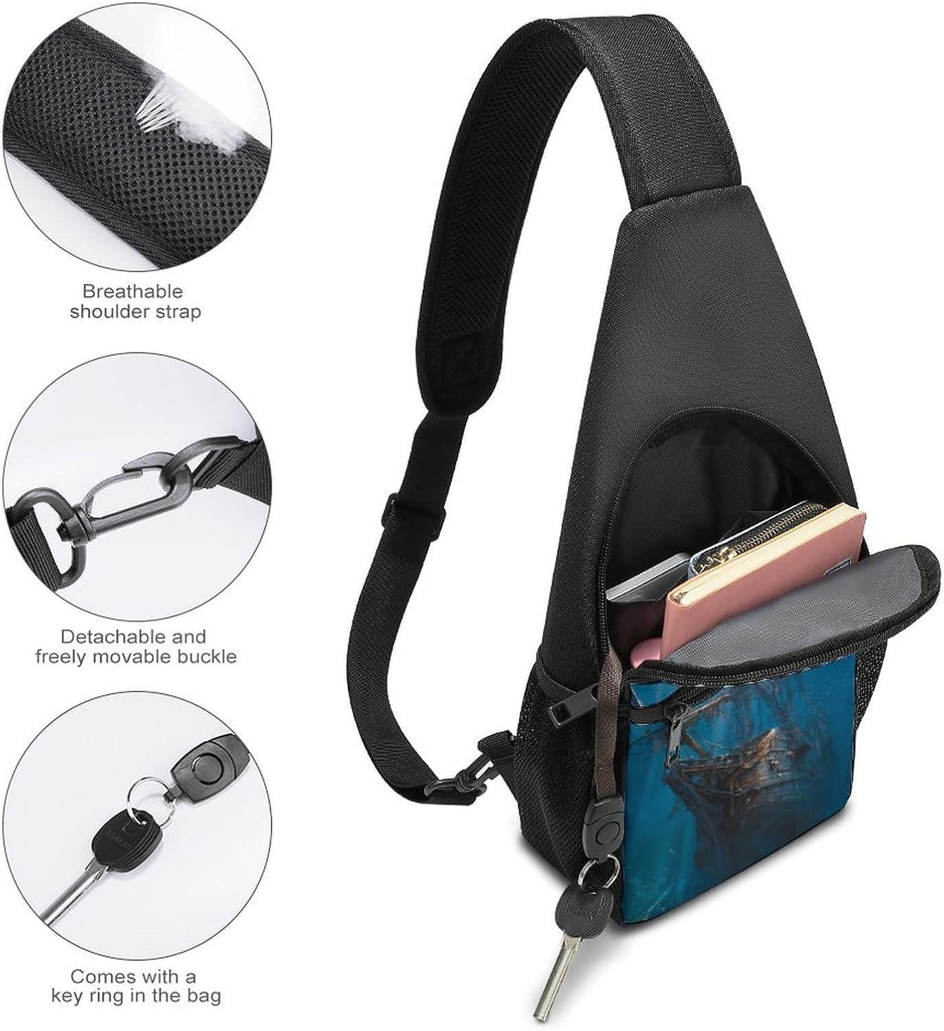 Deep Sea Shipwreck Pirates Ship Crossbody Sling Backpack Chest Bag Daypack | unisex,trendy,with convertible and detachable shoulder strap,side pockets