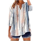 Linen Button Down Shirt Women 3/4 Length Sleeve Floral Boho Tops Casual Summer V Neck Business Casual Blouses Outfits